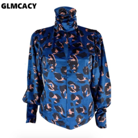 Blue Leopard Print Turtle Neck Keyhole Blouse - Picture 5 of 8